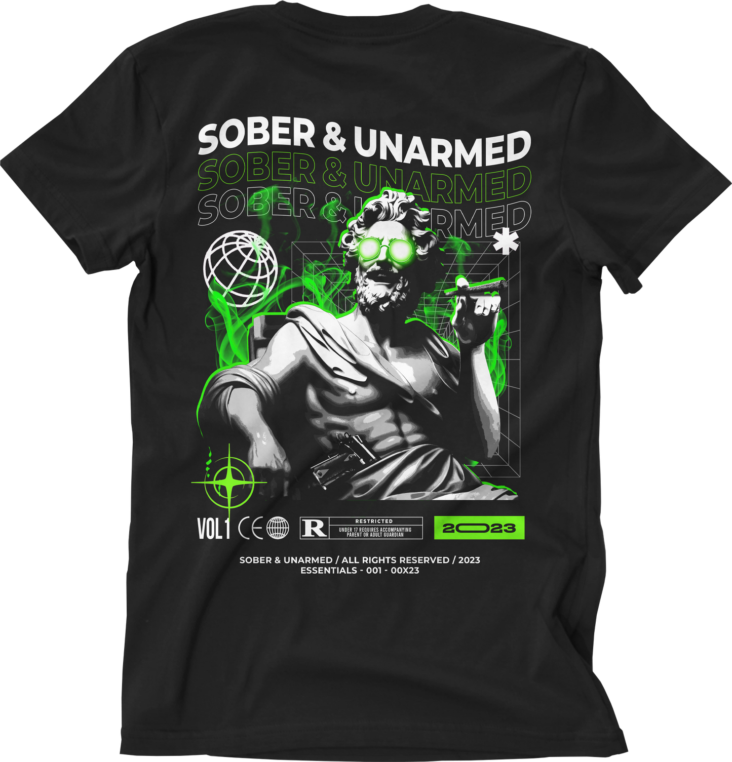 A t-shirt design with zeus smoking a blunt with a glock in his toga waist band