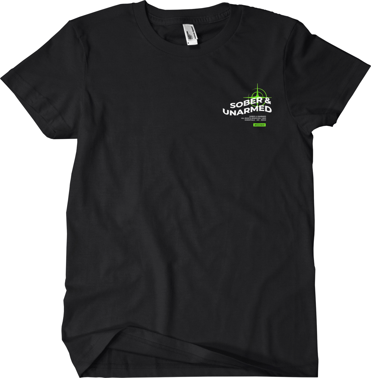 A Black t-shirt with a sick logo on the top right that reads sober and unarmed