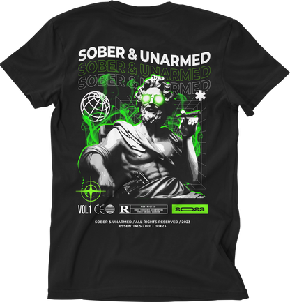 A t-shirt design with zeus smoking a blunt with a glock in his toga waist band